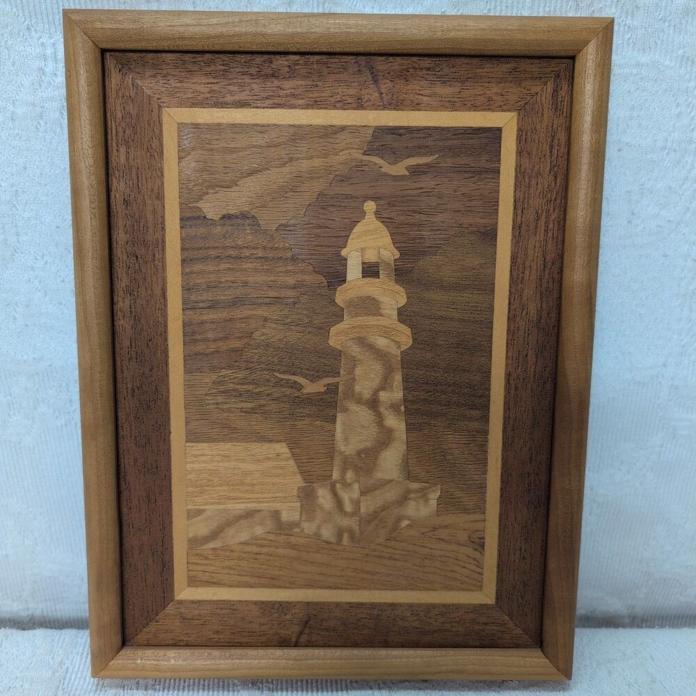 Marquetry Art Framed Lighthouse Seagull Inlaid Wood ID 9.75" x 12.75" Cabin Lake